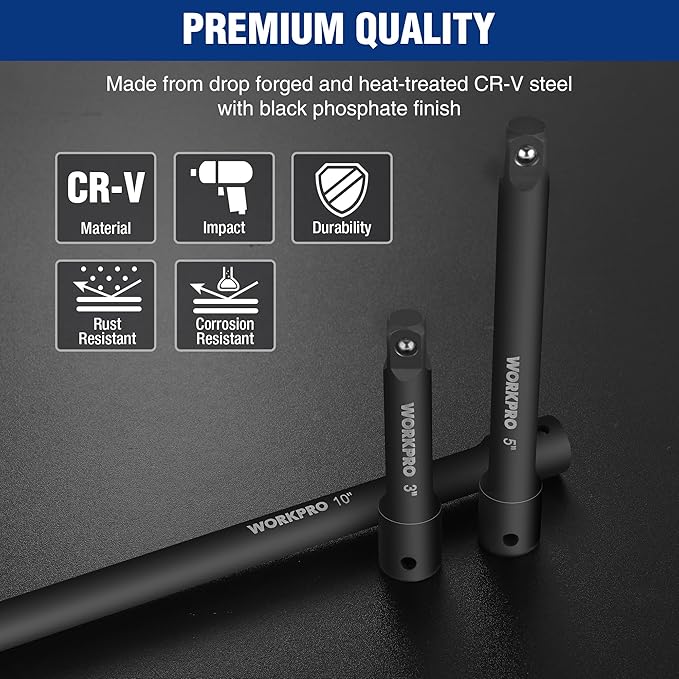 WORKPRO 3/8" Drive Impact Extension Bar Set, 3 PCS Socket Extensions, 3?? 5??and 10??Length, Premium Chrome Vanadium Steel with Black Phosphate Finish