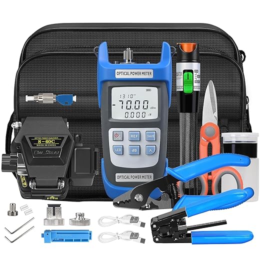 Fiber Optic Terminal kit 10-in-1 FTTH Tool kit Equipped with S-60C Optical Fiber Cleaver and Rechargeable Optical Power Meter A-C710A (-70~+10dBm) Well as Stripper Fibre Tool kit