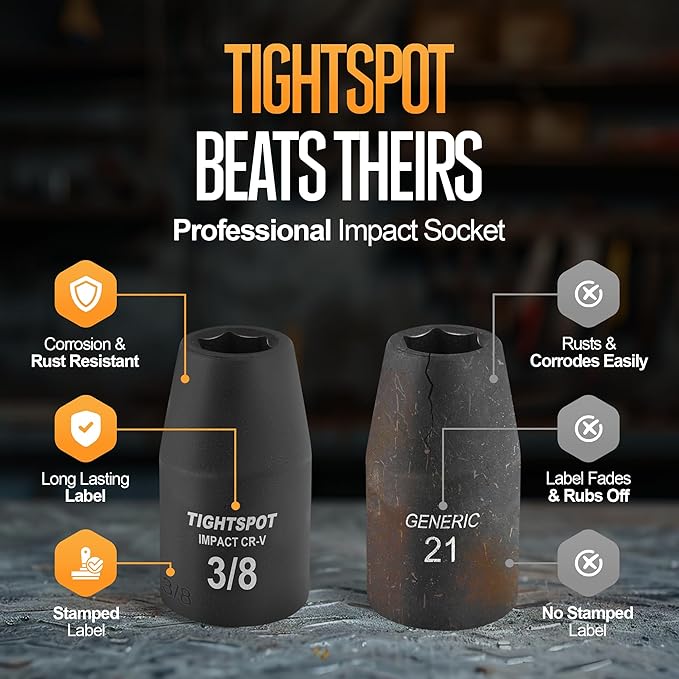 TIGHTSPOT 1/2 Inch Drive 3/8 Inch Shallow Impact Socket with Anti-Rounding 6 Point Design, Heat-Treated CRV Steel