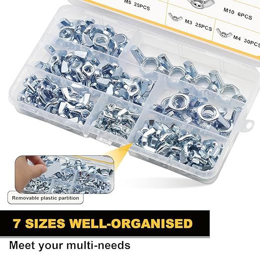 Siptenk Metric Wing Nuts 125PCS, M3 M4 M5 M6 M8 M10 M12 Wingnuts 7 Assorted Sizes Carbon Steel Zinc Plated Butterfly Wing Nut Fasteners Hardware Assortment Kit