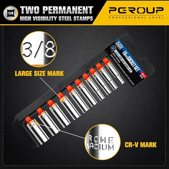 10PCS 1/4??Drive Deep Socket Set, SAE (3/16"-9/16"), 6-Point, Cr-V Steel, Chrome Plated Socket With Hanging Bracket, Cover Most Commonly Sizes