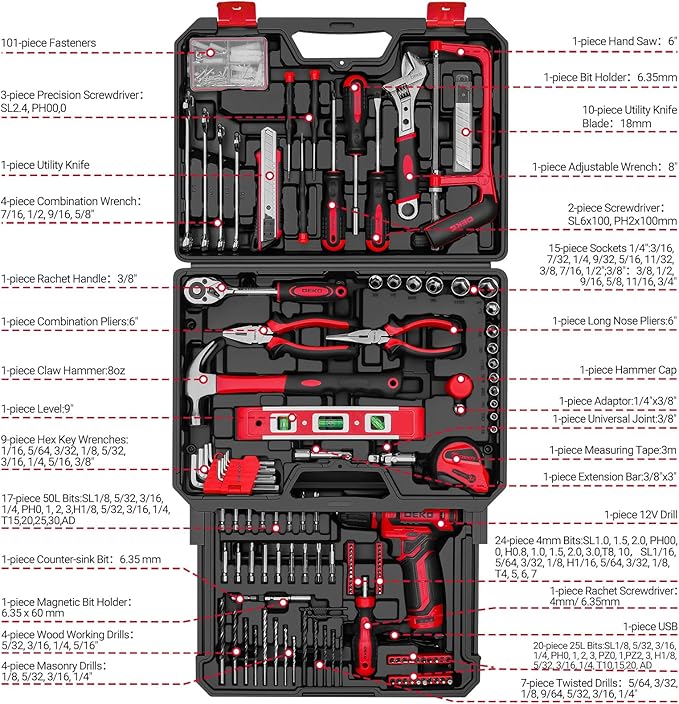 Drill Tool Set竊숿ool Kit with 12V Power Cordless Drill Hand Repair Tools Box with Drill, Home Tool Kits for Men & Women, Hand Drill Set Perfect for Homeowner, Diyer, Handyman - Red