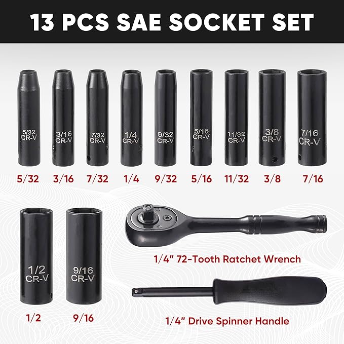 Aloanes 1/4" Drive Socket Set, 13-Piece SAE (3/16"- 11/32") Deep Sockets, 72-Tooth Ratchet Wrench, Drive Spinner Handle, 6 Point Design, Cr-V Steel