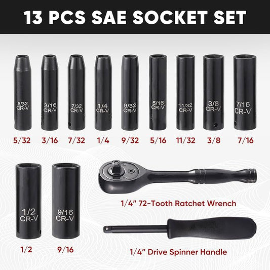 Aloanes 1/4" Drive Socket Set, 13-Piece SAE (3/16"- 11/32") Deep Sockets, 72-Tooth Ratchet Wrench, Drive Spinner Handle, 6 Point Design, Cr-V Steel