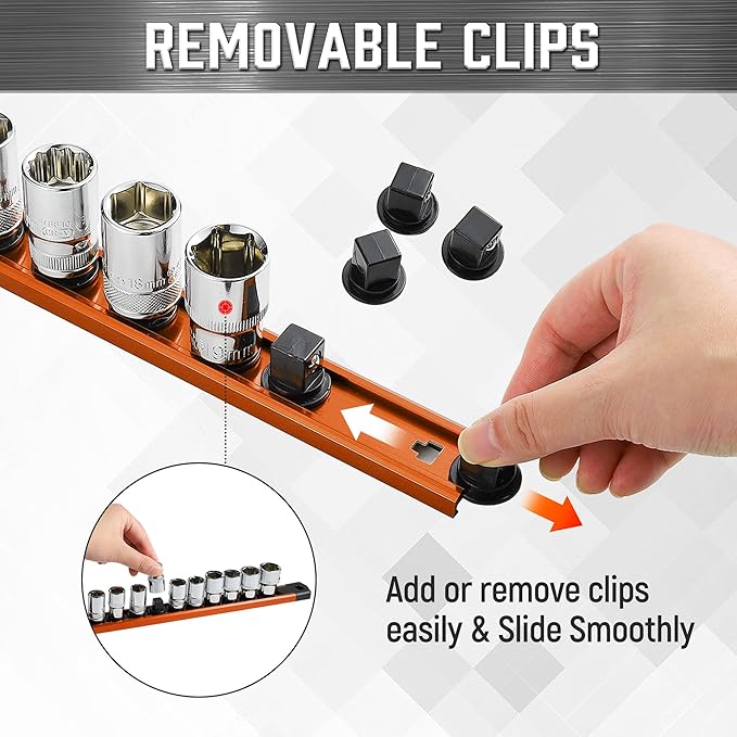 ALOANES 6-Piece Magnetic Socket Organizer, Heavy Duty Aluminum Socket Rails Organizer, 360째 Swivel Clips Socket Holder Kit for Tool Box, 1/2, 3/8, 1/4-Inch Socket Holder x 80 Clips (Orange)