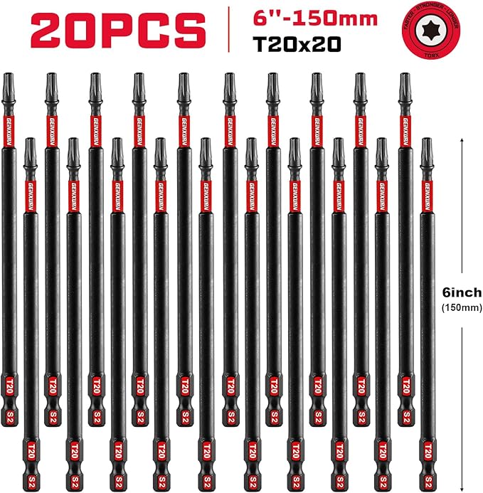 20Pack Impact Tough #20 Torx 6 in. Insert Driver Bits, Magnetic T20 Head Power Bits, S2 Alloy Steel T20 Screwdriver Bits Set Bulk