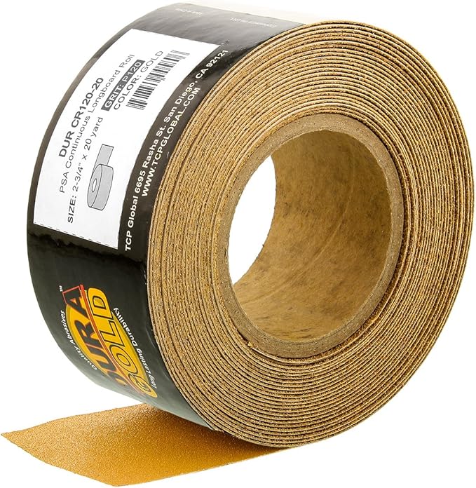 Dura-Gold Premium Gold 120 Grit PSA Longboard Sandpaper, 20 Yard Roll, 2-3/4" Wide, Self Adhesive Stickyback, Woodworking & Automotive Sandpaper Roll, Air File Sand Paper, Auto Sanding Blocks