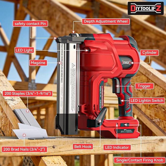 18GA Cordless 2" Brad Nailer Compatible with Milwaukee 18V (Tool Only), 2-in-1 Nail/Staple Gun, Tool-Free Jam, Adjustable Depth, 2 Modes with 400 Nails/Staples for Woodworking, Carpentry