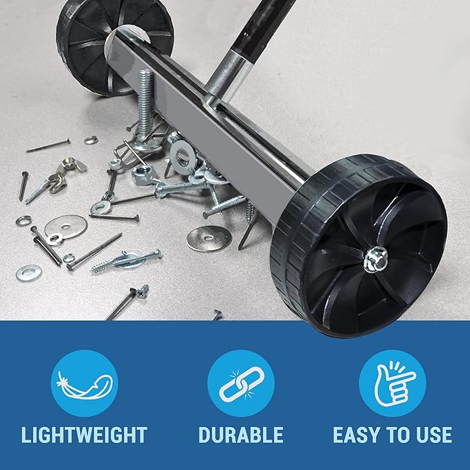 Quick-Release Rolling Magnetic Sweeper, Proudly Made-in-The-USA, 14-Inch Nail Magnet Sweeper on 4-inch Poly Wheels, for Easy Metal Debris Clean-Up. Professional Edition. Handle Sold Seperately!