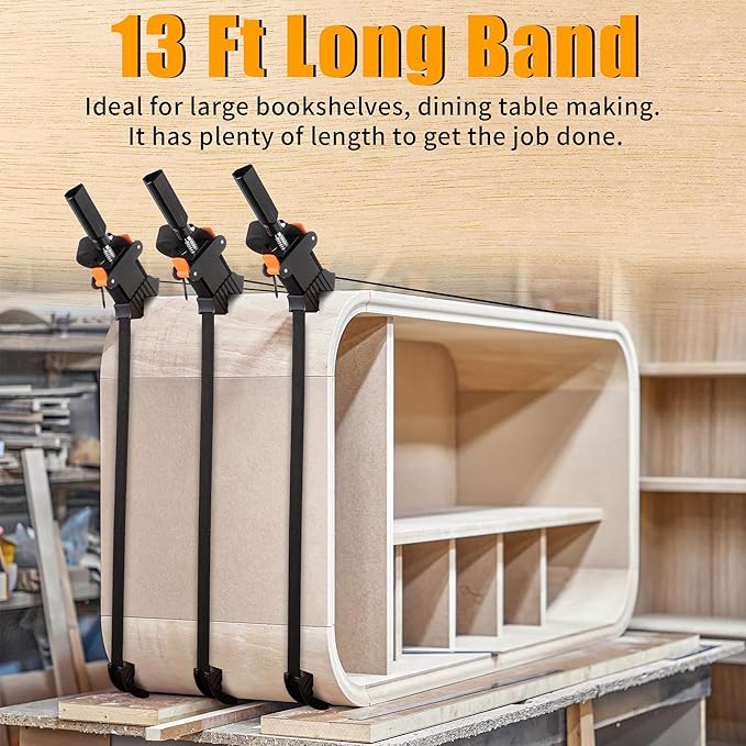 Feekoon 3 Packs 13 FT Belt Band Strap Clamps for Woodworking, Quick Release Band Clamps with 4 Corner Claws, Thick and Sturdy Belt Clamp, Adjustable Picture Frame Clamp Tool