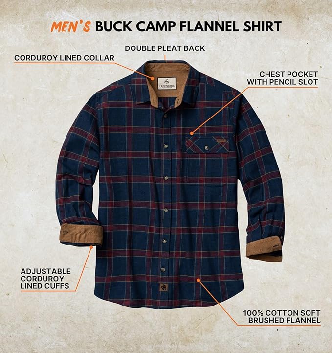 Legendary Whitetails Men's Flannel Shirt Long Sleeve Button Down 100% Cotton