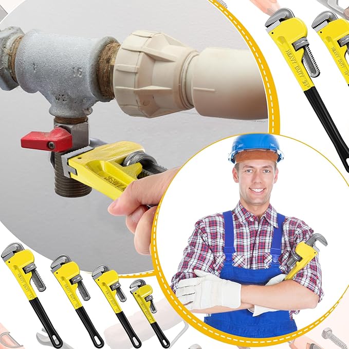 Lanties 6 Piece Heavy Duty Pipe Wrench Set - 8", 10", 12", 14", 18", 24", Adjustable Chrome Vanadium Steel Plumbing Wrench Set with Soft Handle & Gloves for Plumbers, Pipeline, Auto Repair (Yellow)