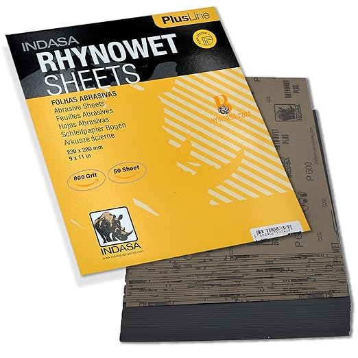 Indasa 50 PCS 9x11??Rhynowet Wet & Dry Sandpaper Sheets, 800 GRIT, Clog-Resistant Abrasive for Wood, Metal, Auto, Paint & Clear Coat Finishing, Sand Paper Silicon Carbide, Plusline
