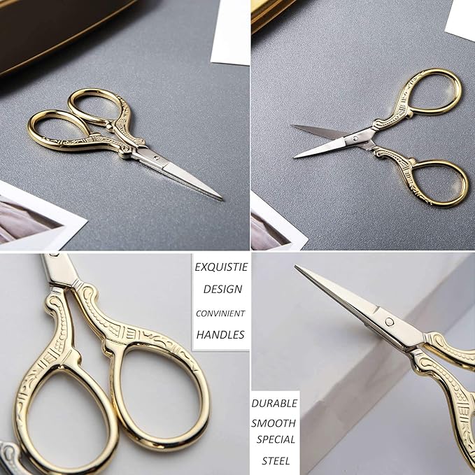 BIHRTC 3.6 Inch Embroidery Scissors Small Sewing Stainless Steel Tip Classic Scissors DIY Tools Dressmaker Shears Scissor for Craft Needlework Artwork Everyday Use Gold