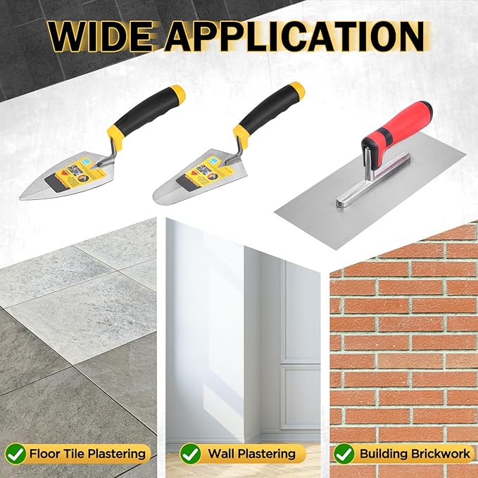 3 Pcs Masonry Tool Set, 6" Pointing Trowel & 11"x4" Carbon Steel Flat Finishing Trowel with Soft Grip Handles Concrete Drywall Tile and Plastering Tools for Contractors DIY