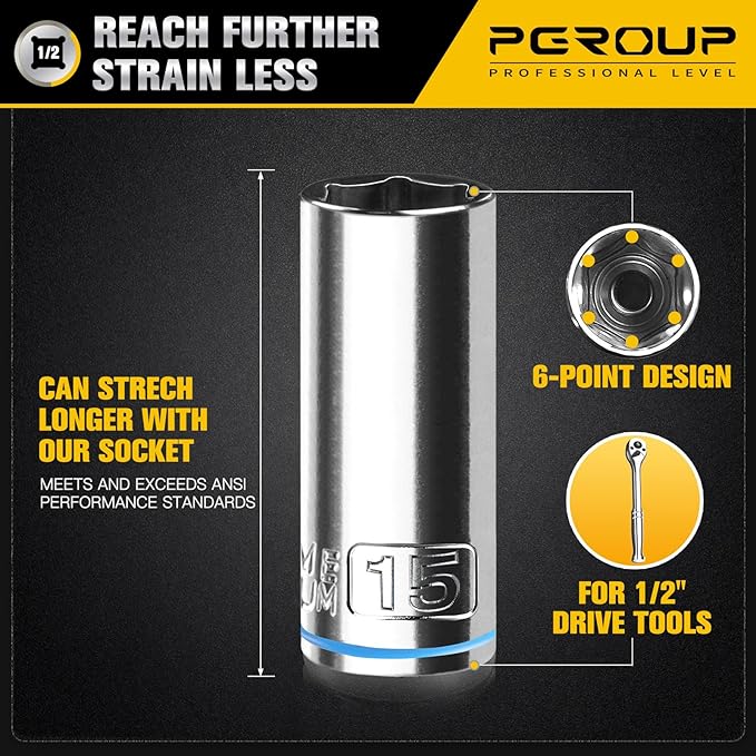 10PCS 1/2??Drive Deep Socket Set, Metric (10mm-19mm), 6-Point, Cr-V Steel, Chrome Plated Socket With Hanging Bracket, Cover Most Commonly Sizes
