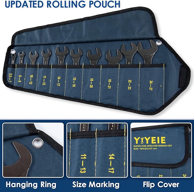 YIYEIE Super-Thin Open End Wrench Set, 10-Piece Metric, 5.5, 7, 8, 9, 10, 11, 12, 13, 14, 15, 16, 17, 18, 19, 20, 21, 22, 23, 24, 27 mm, Nickel Coating, CR-V Steel, Slim Wrench with Rolling Pouch
