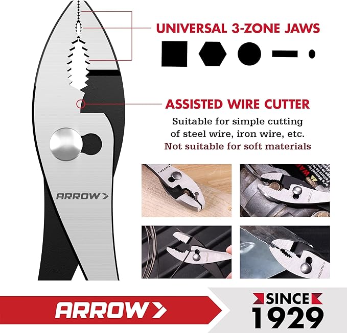 ARROW Slip Joint Pliers, 8 Inch High Carbon Steel Pliers Tool with Rust Resistant Finish, Comfortable TPR Handle, 3-Zone Jaw for Gripping, Tightening, or Loosening Nuts and Bolts