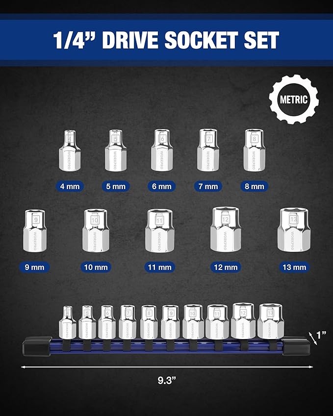 WORKPRO 1/4" Drive Socket Set, 10-Piece Metric CR-V Socket Set with Sturdy Socket Organizer, 6-Point Standard & Shallow Sockets 4mm to 13mm, External Hex Socket Set with Socket Rail for Anti Rolling