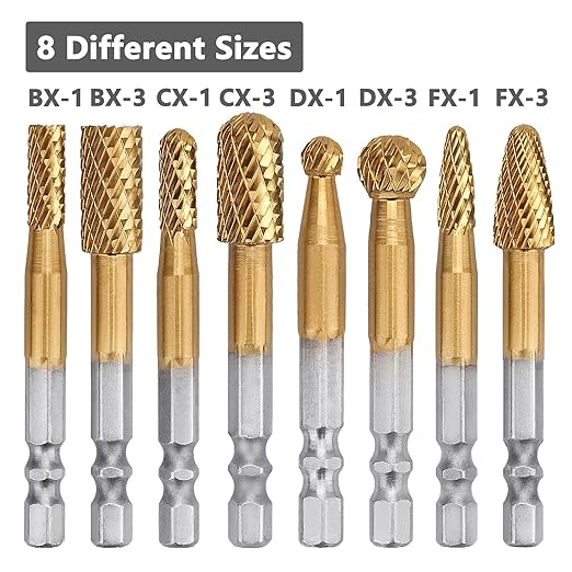 8Pcs Carbide Burr Set (1/4" & 3/8" Diameter) with 1/4 inch Hex Shank,Double Cut Tungsten Carbide Rotary Burr Set for DIY Grinder Metal Wood Carving Engraving Polishing Drilling Grinding Milling