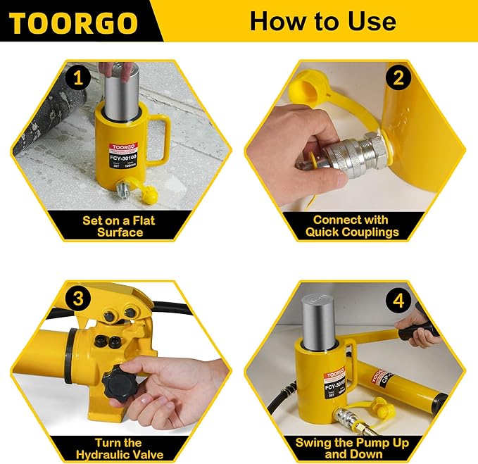 30T 4Inch Stroke Porta Power Single Acting Lifting Cylinder for Shipbuilding, Machinery and Industry,Automatically Retract Split Hydraulic Cylinders Jacks, Yellow