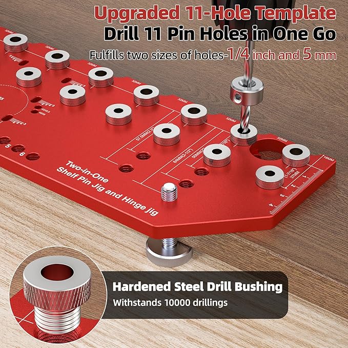 11-Hole Shelf Pin Jig and Hinge Jig 2-in-1,1/4 Inch and 5mm Shelf Pin Drilling Jig,Self-contained Clamping Function Shelf Jig and Cabinet Hardware Jig Tool Drill Guide