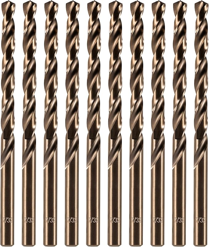 amoolo 7/32" inch Cobalt Drill Bits(10Pcs), M35 HSS Metal Jobber Length Twist Drill Bit Set for Hard Metal, Stainless Steel
