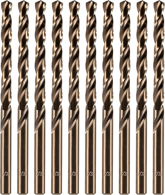 amoolo 7/32" inch Cobalt Drill Bits(10Pcs), M35 HSS Metal Jobber Length Twist Drill Bit Set for Hard Metal, Stainless Steel
