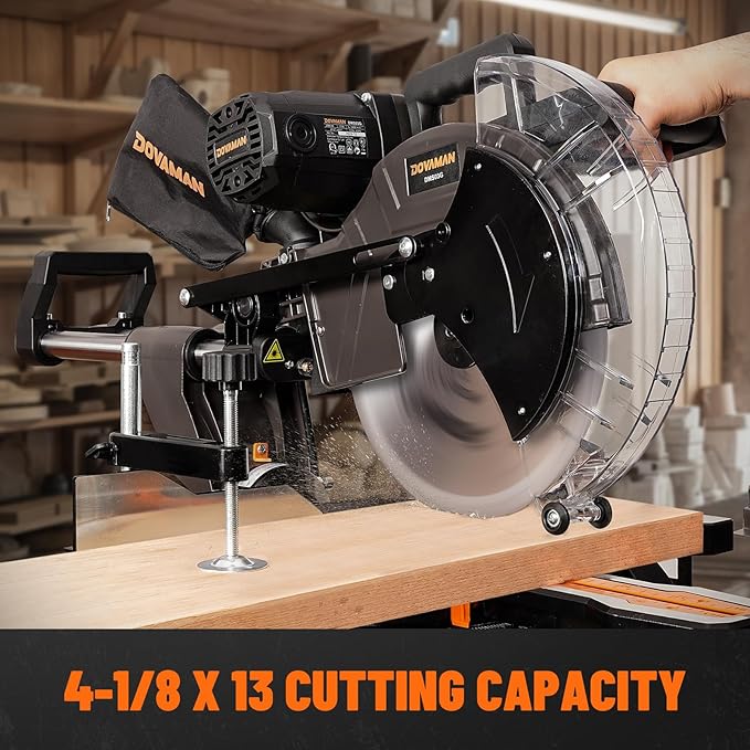 DOVAMAN 12-Inch Dual-Bevel Miter Saw, Compound Sliding Miter Saw, Ambidextrous Operation, 3800RPM, 4.2 x 13in Cutting Capacity, Laser Guide, 0-45° Bevel & Miter Cut, 9 Positive Stops, 15-Amp Corded