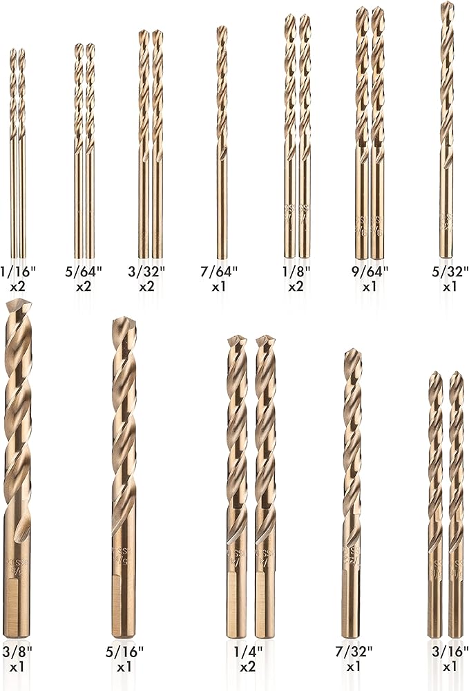 AMOOLO Cobalt Drill Bit Set 16Pcs (1/16"-3/8"), M35 High Speed Steel Metal Drill Bits Jobber Length for Hardened Metal, Stainless Steel, Cast Iron, Plastic and Wood