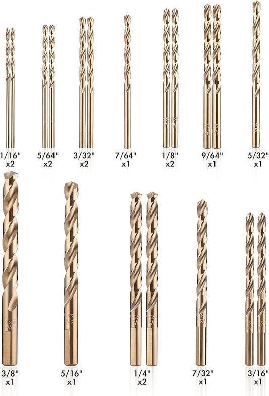 AMOOLO Cobalt Drill Bit Set 16Pcs (1/16"-3/8"), M35 High Speed Steel Metal Drill Bits Jobber Length for Hardened Metal, Stainless Steel, Cast Iron, Plastic and Wood