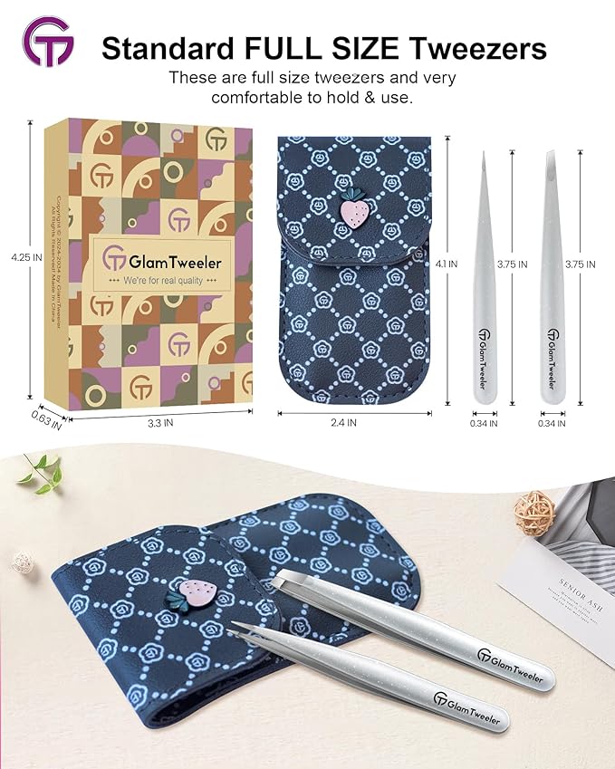 Expert Slant and Point Tip Tweezer Set with Exclusive Storage & Carrying Case, GlamTweeler Sharp & Precision Tweezer Set for Eyebrows, Facial Hairs and Fine Hairs Removal (Sparkle Silver)