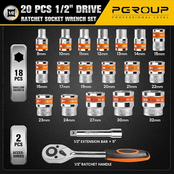 20 PCS 1/2" Drive Metric Socket Wrench Set,1/2 Reversible Ratchet Handle竊? Point Shallow Sockets (8-32mm) and Extension Bar 5", CR-V Steel, Car Repair Set