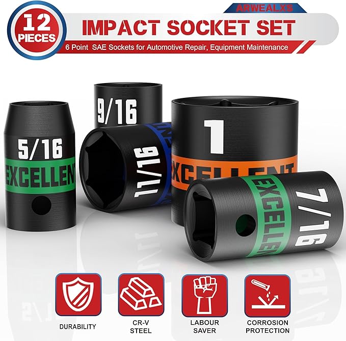 12 Pieces 3/8-Inch Drive Impact Socket Set, 5/16" to 1" Shallow Socket, 6 Point SAE Sockets for Automotive Repair, Equipment Maintenance