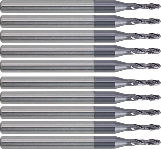 CME 10 pcs Micrograin Carbide End Mills, Ball Nose, TiAlN Coated, 1/16" Mill Diameter, 1/4" Length of Cut, 1 1/2" Overall Length, 4 Flute, Center Cutting