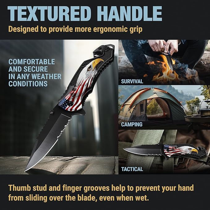 GOOD WORKER Legal Pocket Knife with 2.95??Serrated Blade, Glass Breaker, Seat Belt Cutter - EDC Sharp Folding Knives with Portable Clip - Small Tool for Tactical Camping Survival Hiking - Gifts for Men, Women