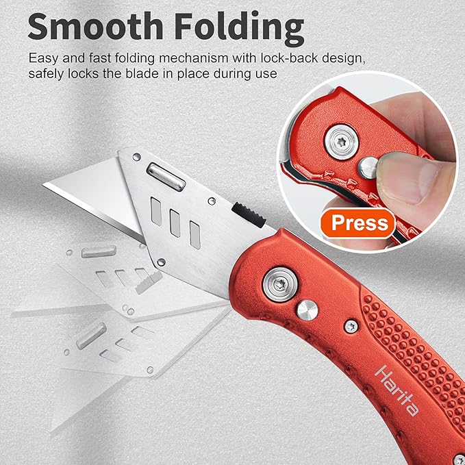 Folding Box Cutter Heavy Duty Utility Knife, Razor Knife, Lightweight Aluminum Handle, Back-lock Mechanism, Stainless Belt Clip, with 5-piece Extra SK5 Blades, for Carpet, Carton, Box, Cardboard Red