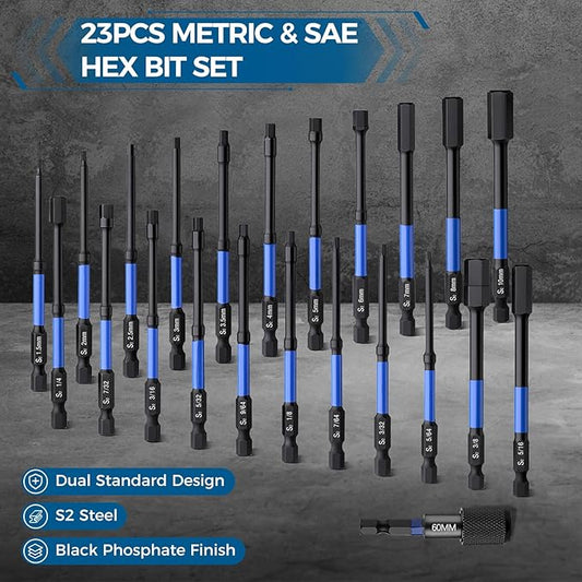 23PCS 4" Hex Bit Set, Metric & SAE Allen Wrench Drill Bit Set, 1/4" Hex Shank S2 Steel Magnetic Allen Key Bits with 60mm Quick Release Bit Extension for Power Drill Screwdriver Impact Driver