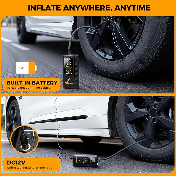 Dual Power Tire Inflator Portable Air Compressor - 5X Faster 160 PSI Cordless Air Pump for Car Tires, Truck, SUV - 7500mAh & 12V DC Powered with Digital Gauge, LED Light & Auto Shut-Off, With Case