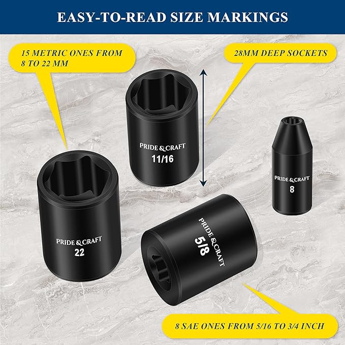 PRIDE&CRAFT 3/8" 56-Piece Impact Driver Socket Set, SAE (9/16 to 3/4 inch) and Metric (8-22mm) Sizes with Adapters, Extension Bars, Universal Joint, Torque Wrench, One Set for All, Gift for Him
