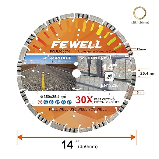 FEWELL 14" Asphalt Diamond Saw Blade/Concrete Diamond Blade,Multi-Purpose Diamond Blade for Hard Reinforced Concrete Asphalt Masonry Stone Terrazzo, Laser-Welded Segmented, 1"-20mm Arbor