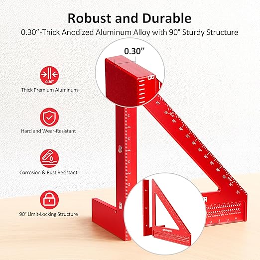8 inch 3D Multi-Angle Measuring Square Ruler, WT103B High Precision Hole Scribing Woodworking Tools, 0-90째 Aluminum Alloy Carpenter Square Wood Working Tools, Carpenter Pencils 6 Refills.