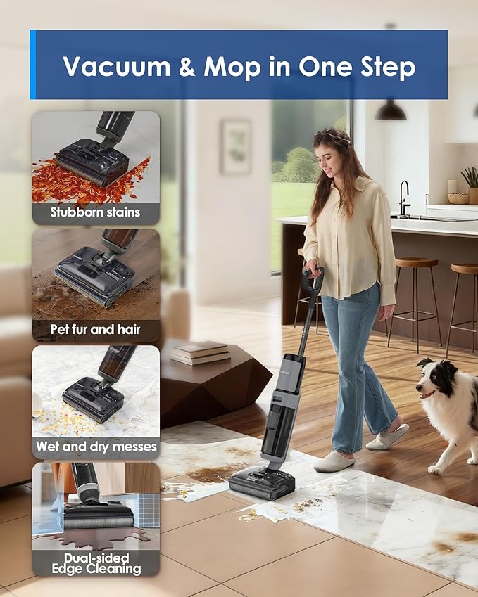 Tineco Floor ONE i5 Stretch Wet Dry Vacuum Cleaner, Vacuum & Mop in One Step, 20kpa Powerful Suction, 180째 Lay-Flat Design, Anti-Tangle Design, Dual-Sided Edge Cleaning, Up to 30* Minutes Runtime