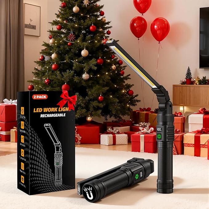 2Pack Magnetic Work Light, All Aluminum & 1500 High Lumens Rechargeable Work Light, 7 Mode & 360째 Rotation Mechanic Light, Rechargeable Flashlight for Car Repairing, Valentines Day Tool Gifts for Him