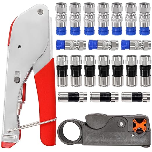 Taiss Coax Cable Crimper Tool Kit with 20 PCS F Style RG59 RG6 Compression connectors,Coaxial Cable Stripper,Coaxial Cable Compression Tool Kit,coaxial Cable Crimper