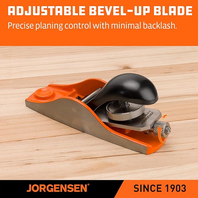 JORGENSEN 5-1/4" Wood Planer, Hand Planer for Woodworking, Low Angle Block Plane, Small Hand Plane for Detail Trimming, Wood Planing, Craft - Professional Ductile Iron Body, Adjustable Cutting Depth