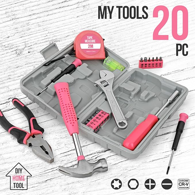 20 Pcs Home Tool Set, Basics Household Tool Kit with Small Mini Carrying Box for Men and Women DIY (Pink)