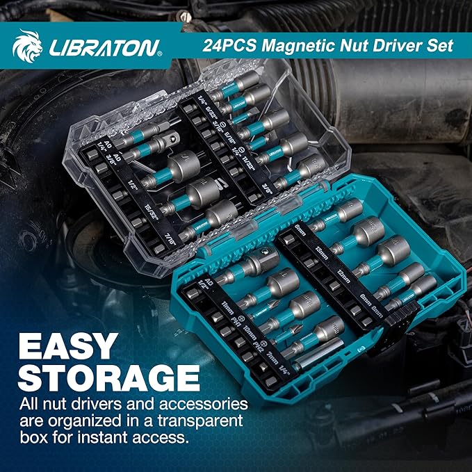 LIBRATON 24PCS Magnetic Nut Driver Set, Impact Drill Driver Bit Set 1/4", Metric and SAE Nut Drivers for Impact Drill, Impact Socket Adapters, Bit Holder, Screwdriver Bits, with Toolbox