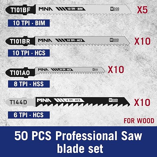 MNA Multi-Purpose Jig-Saw Blades, 50 Pieces, Assorted Jig Saw Kit Value Pack for Wood, Plastic and Metal Cutting with Carry Case