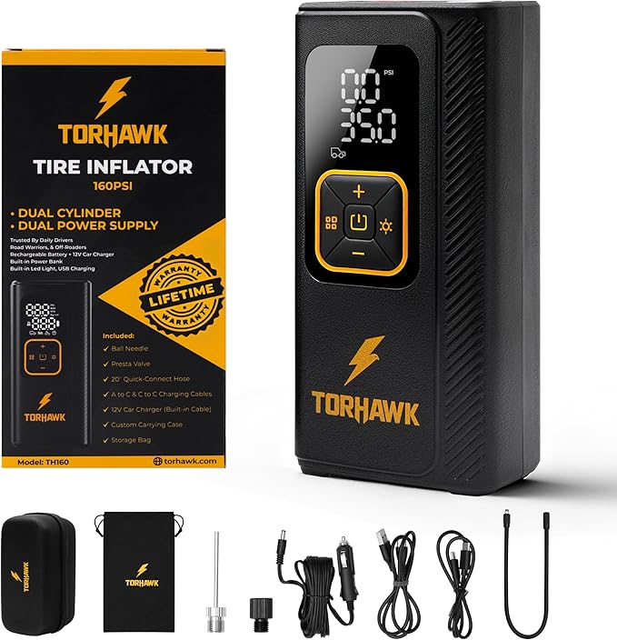 Dual Power Tire Inflator Portable Air Compressor - 5X Faster 160 PSI Cordless Air Pump for Car Tires, Truck, SUV - 7500mAh & 12V DC Powered with Digital Gauge, LED Light & Auto Shut-Off, With Case